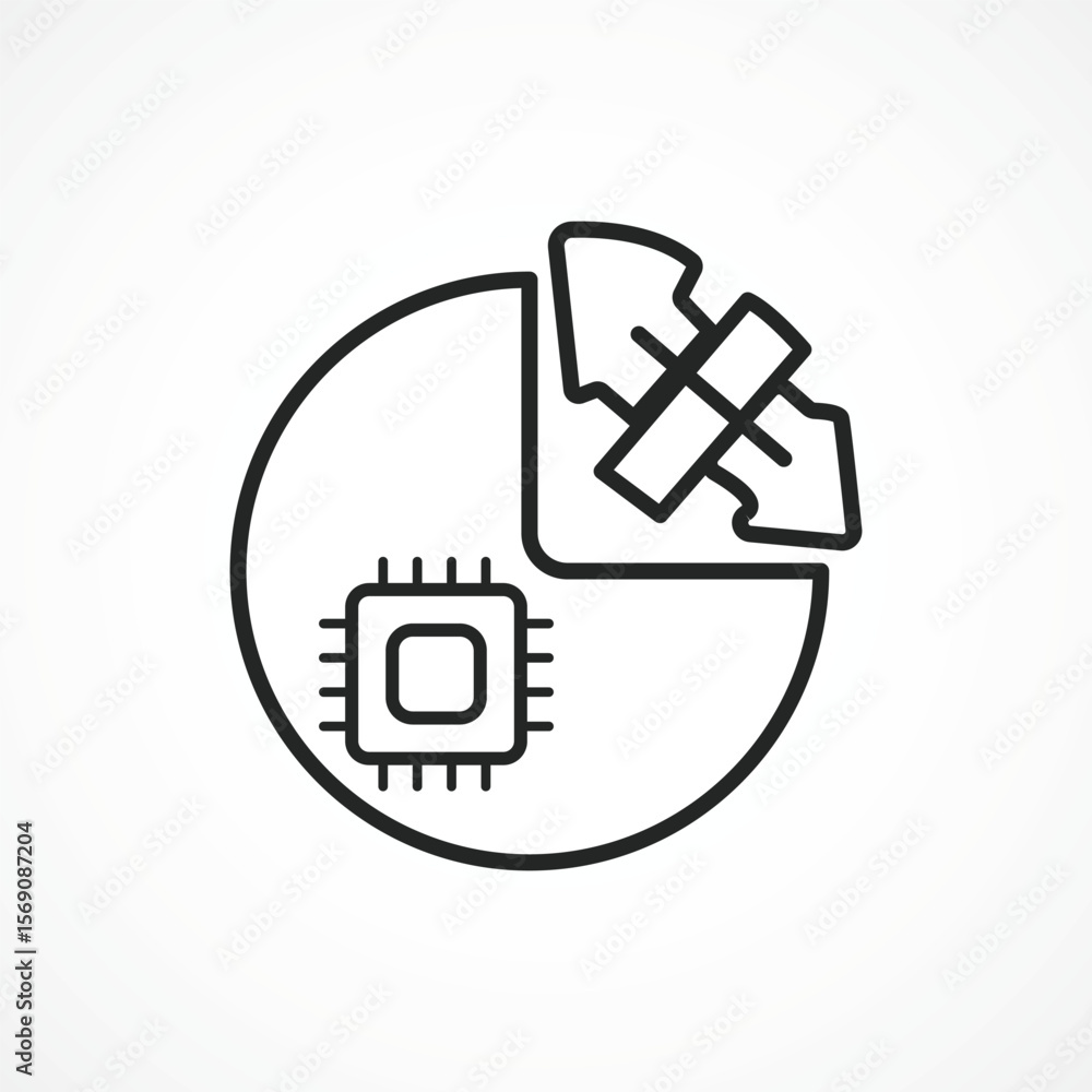 Fototapete microprocessor pie chart outline icon – ai data analytics and system breakdown, vector sign. symbol,