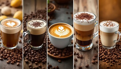 Variety of Coffee Cups with Different Latte Art Designs.