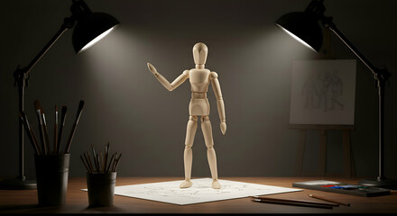 Wooden mannequin figure in an artist's studio setting. Mannequin positioned with arm raised, on drawing paper with figure sketches, in an art studio.