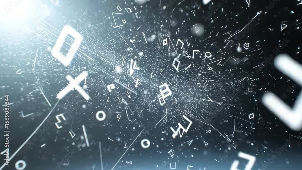 Poster abstract explosion of digital symbols and light particles.