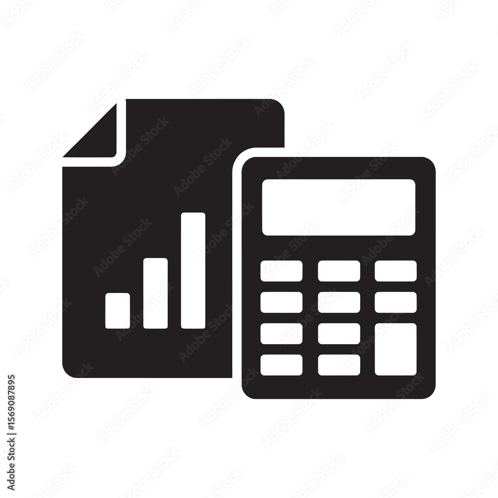 Aufkleber financial analysis icon with a report and a calculator for business data calculation accounting stat