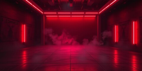 Dark empty room, neon red glow, concrete floor, smoke haze, color, haze