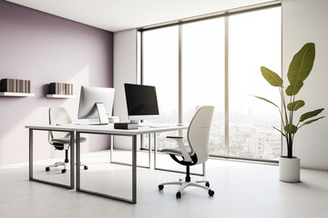 Modern corporate office interior with sleek desks, computers, and city view through large windows,...
