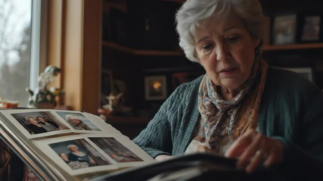 An elderly woman sits by a window, carefully turning the pages of a treasured photo album, reliving precious memories of family.