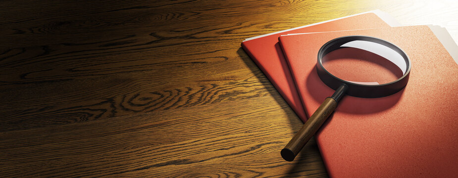 Confidential red file folders and magnifying glass on wooden desk under spotlight, concept of business research and document inspection. 3D Rendering