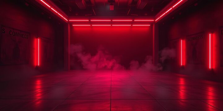 Dark empty room, neon red glow, concrete floor, smoke haze, color, haze - Powered by Adobe
