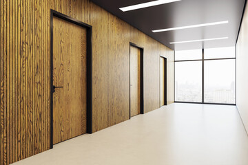 Modern empty corridor with wooden doors and large window overlooking city in bright corporate office interior design. 3D Rendering