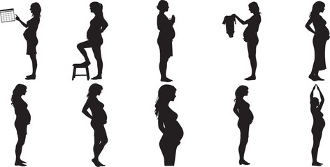 Pregnant Woman silhouettes Belly Growth Collection set. clip art, back lit, beauty, bonding, outline, design element, men