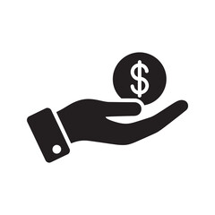 Money transaction icon with a hand giving a dollar coin representing payment donation charity salary and financial support or purchase vector solid glyph