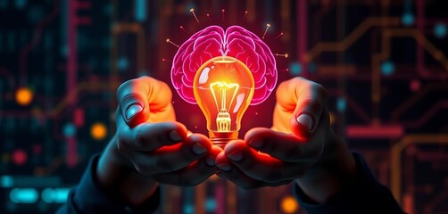 Hands cradling illuminated bulb; digital brain & tech overlay,  research,  design