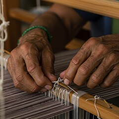  a weaver's gnarled, experienced hands meticulously tying knots and preparing the warp threads on a traditional wooden loom. 