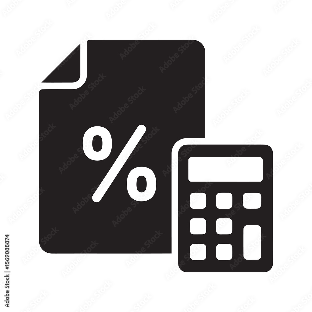 Poster tax calculation icon showing a document with a percentage sign and a calculator for figuring loan in