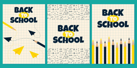 Set of Educational Back to School Posters with School Supplies Vector Illustration.