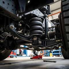 Close-up view of a heavy-duty truck's suspension system, showcasing the air springs, shock absorbers, and chassis components in a garage or workshop setting.
