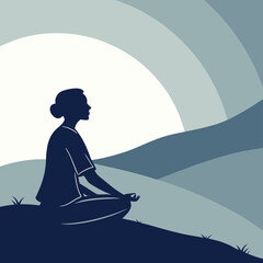 Silhouette of a woman meditating in lotus position with a mountain and sun background in blue tones