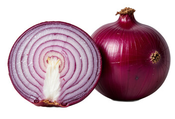 close up of whole and halved vibrant fresh red onion showing detailed layers and texture