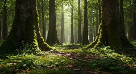 Obraz premium Sunbeams in Mossy Forest Trail