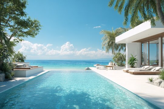 Infinity pool overlooking the ocean at a modern villa with palm trees and blue sky background