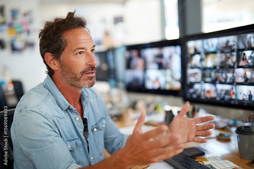 Poster professional conversation in a modern office environment with multiple screens displaying content