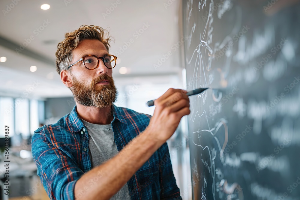 Poster engineer explains complex neural network diagram in modern office setting