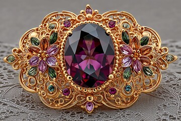 Gem studded brooch with floral filigree high resolution picture