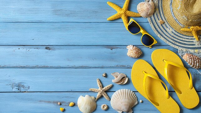 Flat lay of summer beach accessories on blue wooden background with straw hat, flip-flops, sunglasses, seashells, and starfish, symbolizing vacation and tropical relaxation with copy space