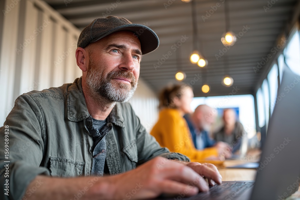 Poster nomad engaged in digital work on a tablet in a modern workspace setting