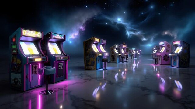 A row of arcade machines in a dark room with purple and blue lights - Powered by Adobe