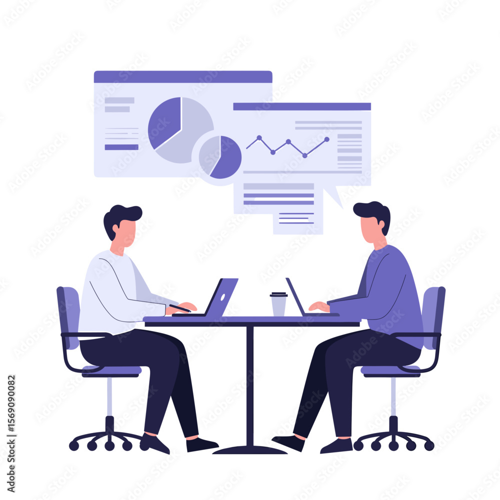 Poster two men discussing business graphs while working at a table
