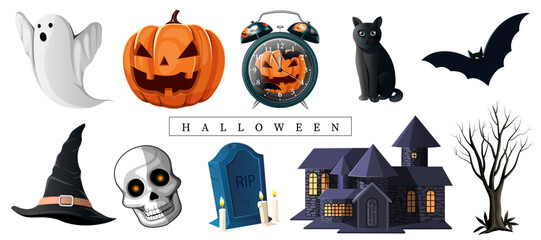 Fototapeta premium halloween festival decor signs and symbols,colorful icon set isolated on the white background.vector illustration halloween banner,poster and advertising background design clip art element.
