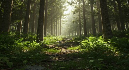 Naklejka premium Sunlit Path Through Misty Forest, Lush Greenery