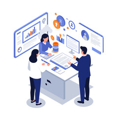 Business partners discussing contract at table with documents and screens  