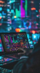 Neon trading charts and digital analysis on laptop