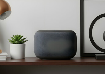Gray speaker on wooden shelf with decor in living room. Perfect for tech or home ads, highlighting modern aesthetics.