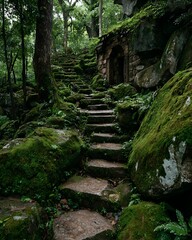 Stone stairs lead to an ancient building in a green forest