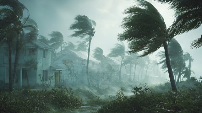 Houses and palm trees in a storm with strong winds and heavy rain on a dark and cloudy day near the ocean