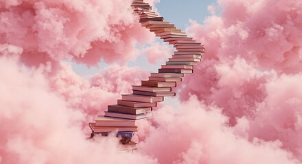 Stacked books forming a stairway ascends amidst ethereal pink clouds in the sky