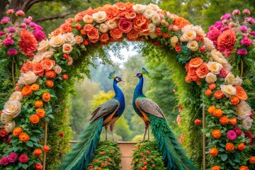 Two elegant peacocks stand under a vibrant floral archway in a lush garden © Nipa