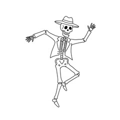 Dancing skeleton wearing a hat in playful outline style  