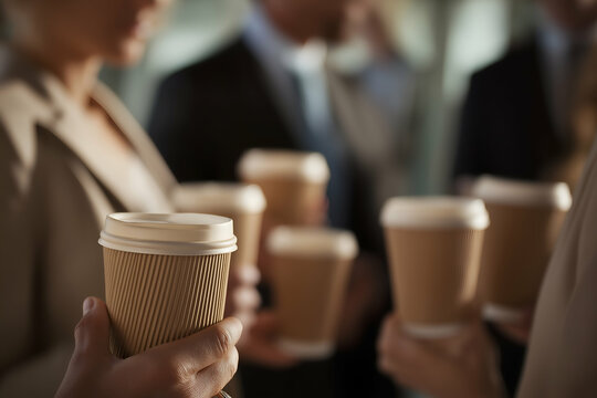 Holding Coffee Cups for Colleague's Break or Meeting in an Office, motion blur Business concept, motion bokeh background
