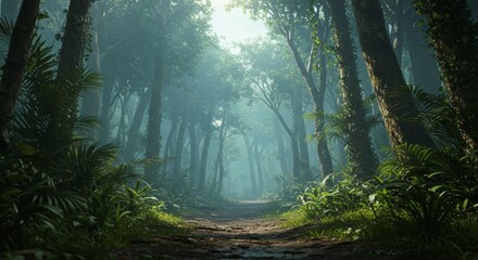 Obraz premium Mysterious Jungle Path: Lush Rainforest Fog