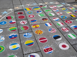 Chalk Art on the Pavement, Mosaic of Nations with International Flags from over the World