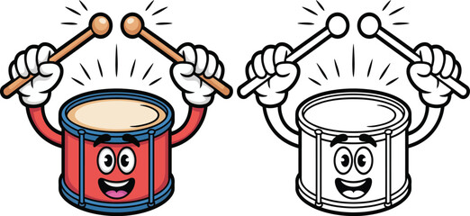 Cartoon drum mascot character playing drums with drumsticks musical instrument vector art