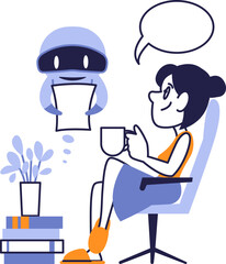Artificial Intelligence Sharing a Story with Woman Drinking Coffee. Cozy Leisure Time Concept.