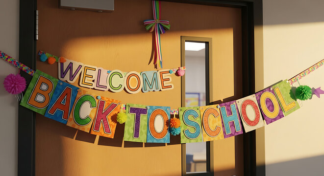 A classroom door is decorated with a cheerful Welcome Back To School banner and colorful accents.