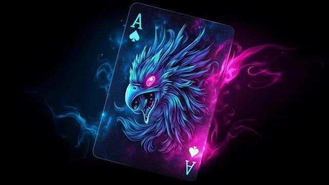 Ace of spades playing card with a blue and pink phoenix on it