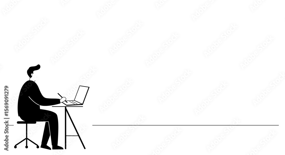 Poster man working on laptop while sitting at a desk in minimal style