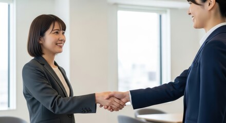 笑顔で握手する女性のビジネスシーン