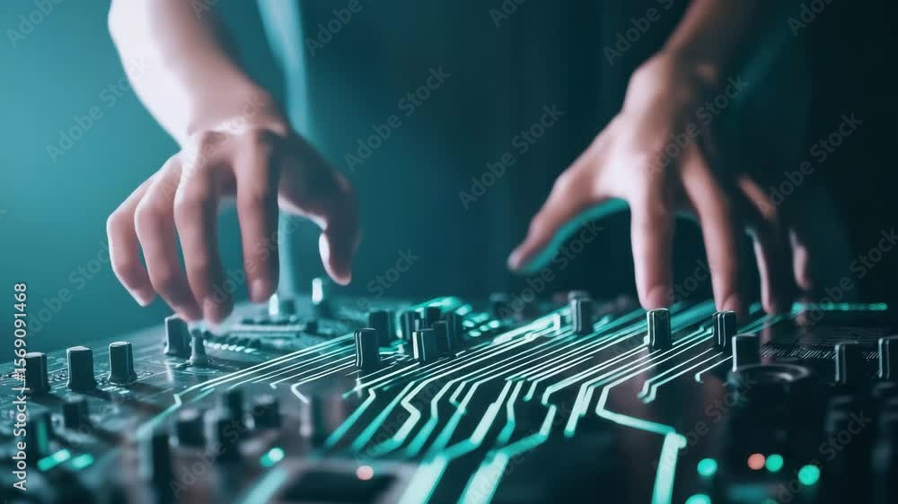 Poster hands manipulating a futuristic electronic device in a dark setting.