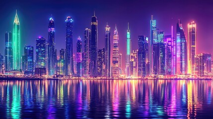 Fototapeta premium Vibrant cityscape at night, illuminated by neon lights.